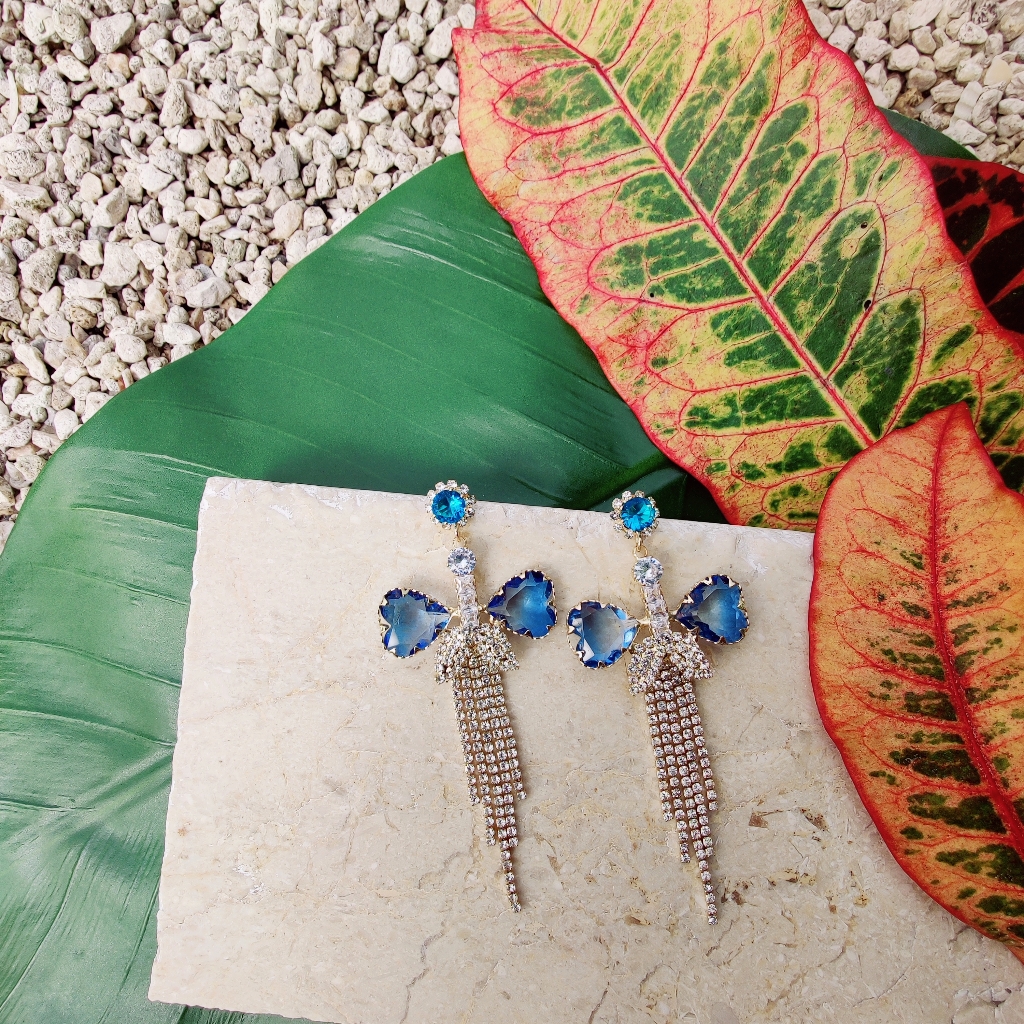 Blue Rhinestone Wings Statement Earrings Fringe